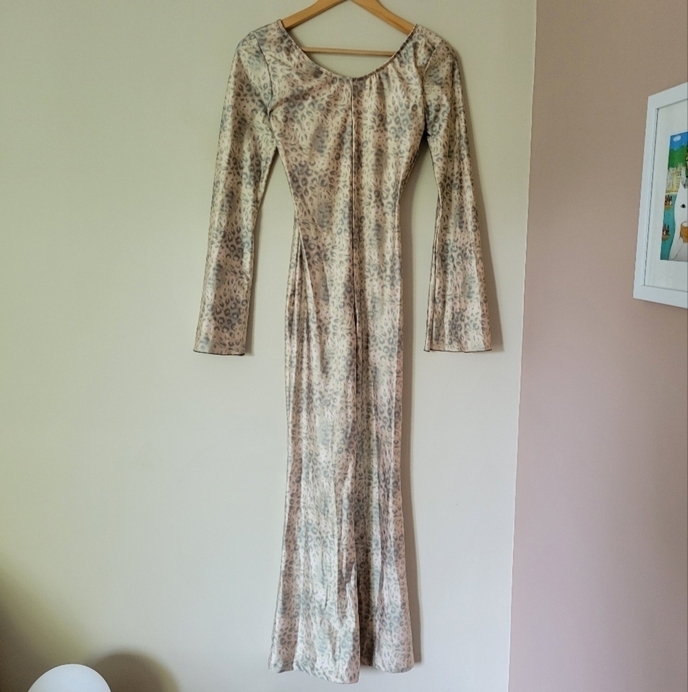 Vintage Leopard Cheetah Print Unitard Long Sleeve Flared Leg And Sleeve Jumpsuit